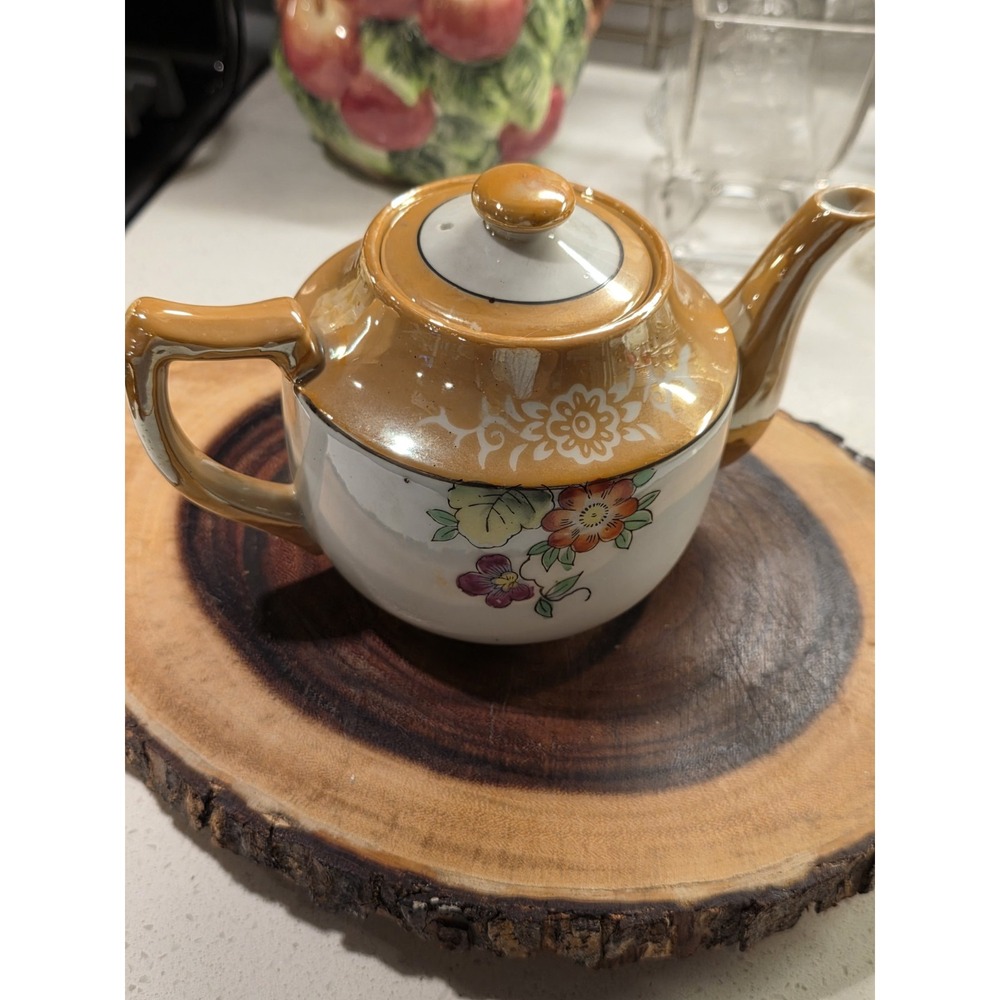Vintage Japan Brown Floral Handpainted Lusterware Tea Pot With Lid - Picture 6 of 16